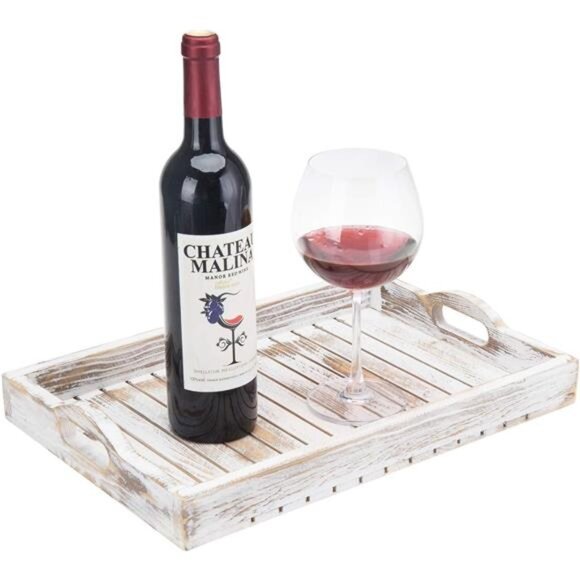 Wooden Serving Tray Breakfast Tray Coffee Table Tray Ottoman Tray Whitewashed - Picture 7 of 8